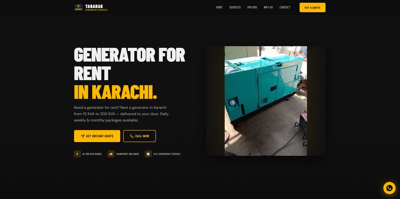 Tabarak Generator Services website designed and built by Veltro — generator rental company in Karachi